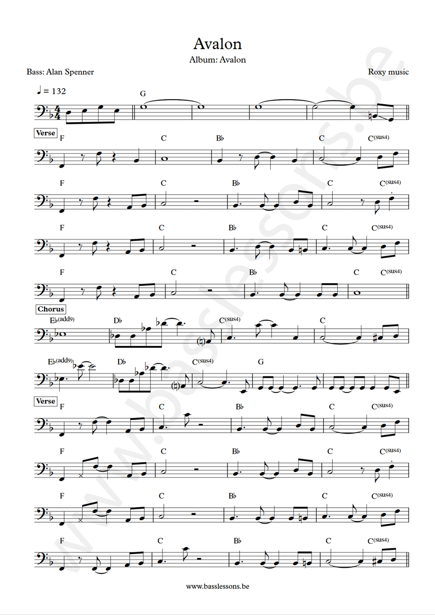 Roxy Music Avalon Alan Spenner bass transcription
