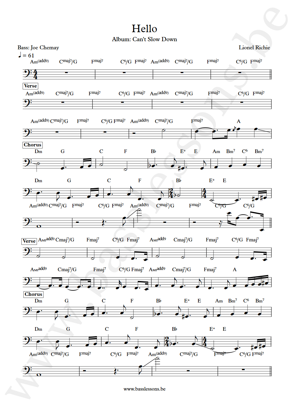 Lionel Richie Hello Joe Chemay  bass transcription