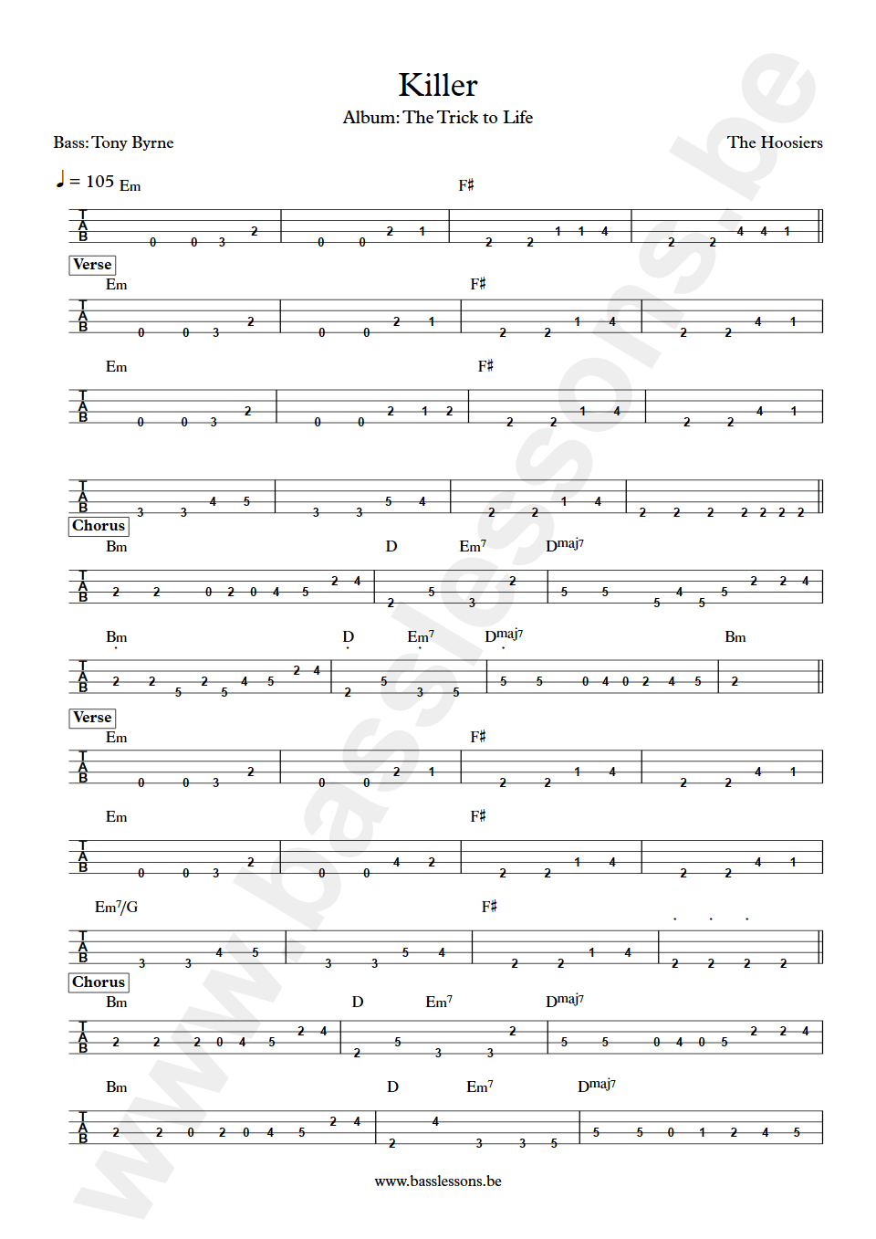 The Hoosiers Killer Tony Byrne bass tab