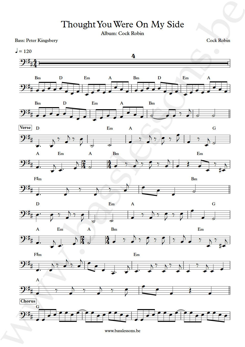 Cock Robin Thought You Were On My Side Peter Kingsbery bass transcription