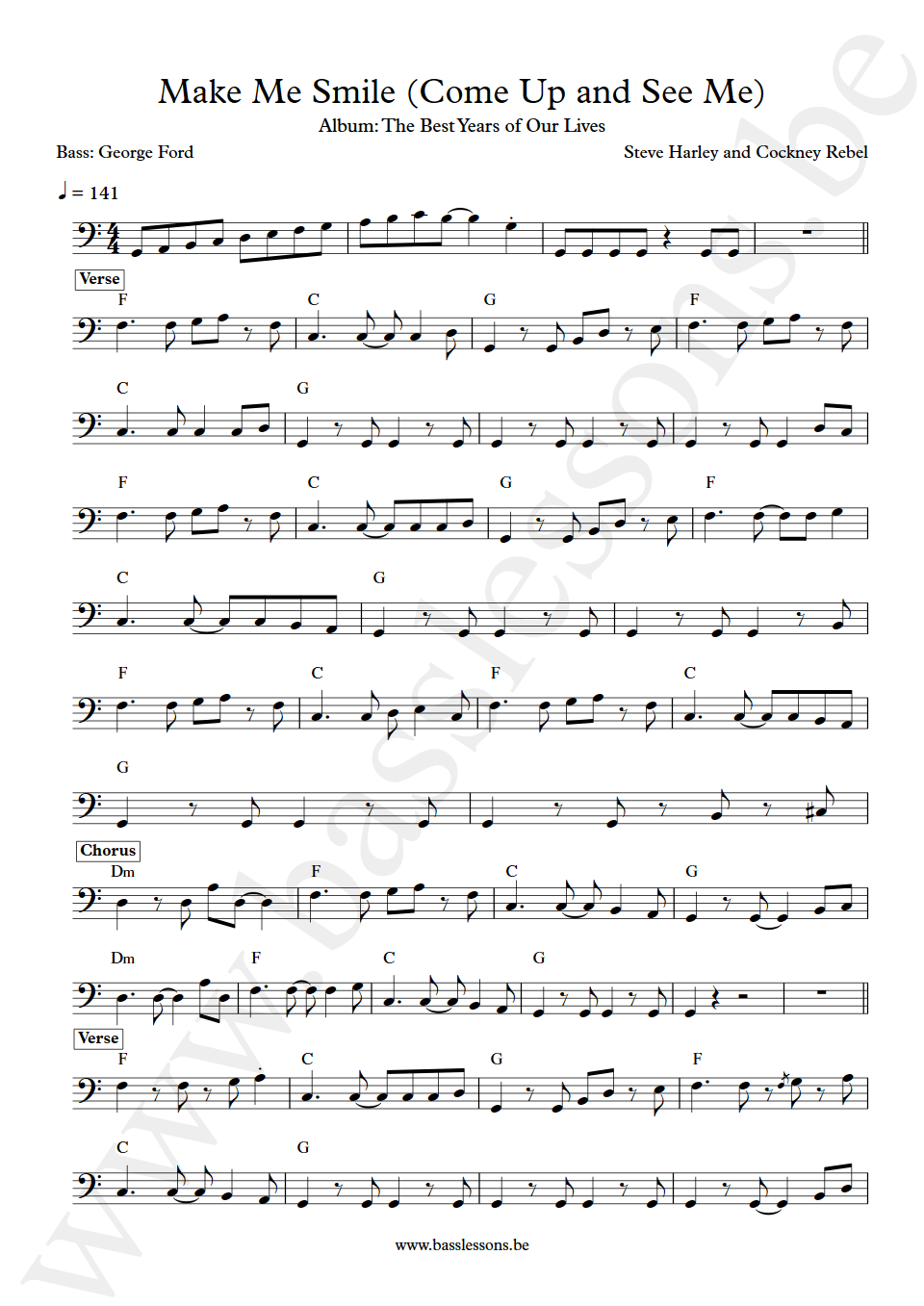 Cockney Rebel Make Me Smile George Ford bass transcription