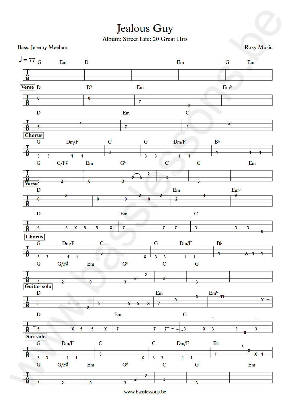 Roxy Music Jealous Guy Jeremy Meehan bass tab