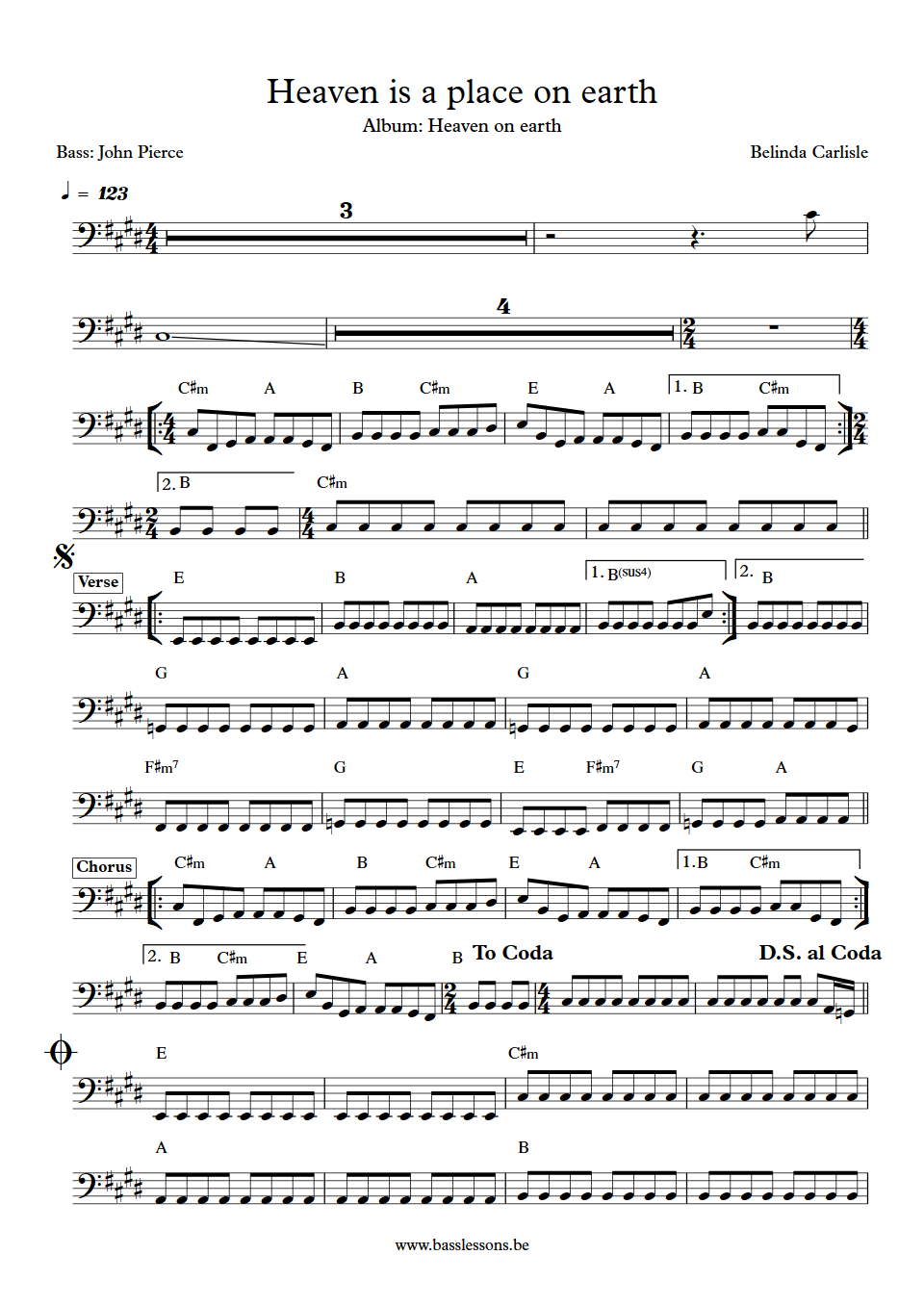 Belinda Carlisle Heaven is a place on earth John Pierce bass transcription