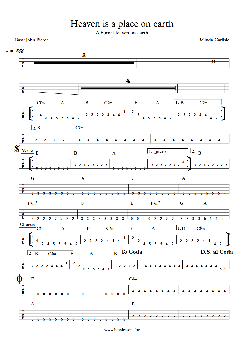 Belinda Carlisle Heaven is a place on earth John Pierce bass tab