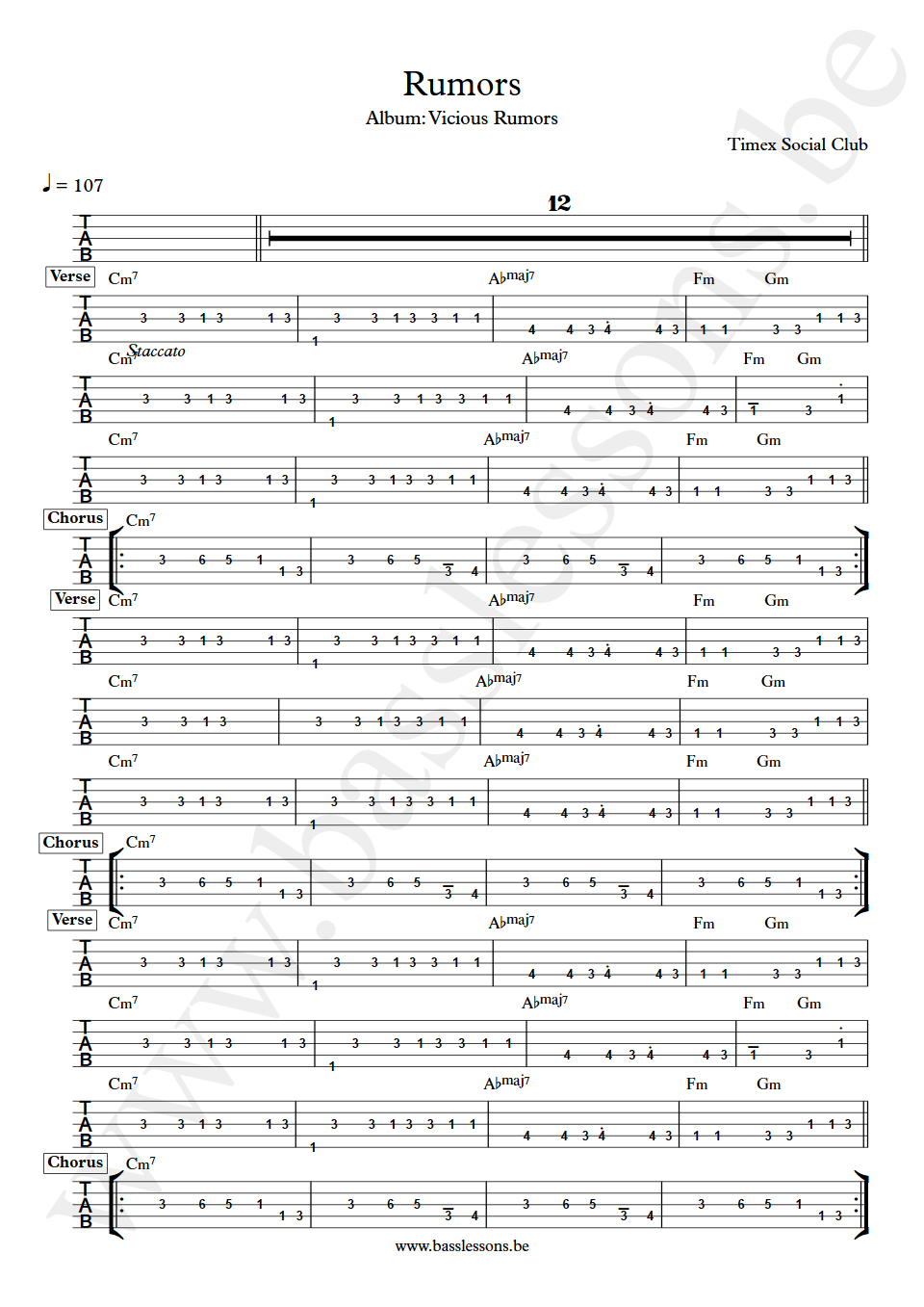 Timex Social Club Rumors bass tab