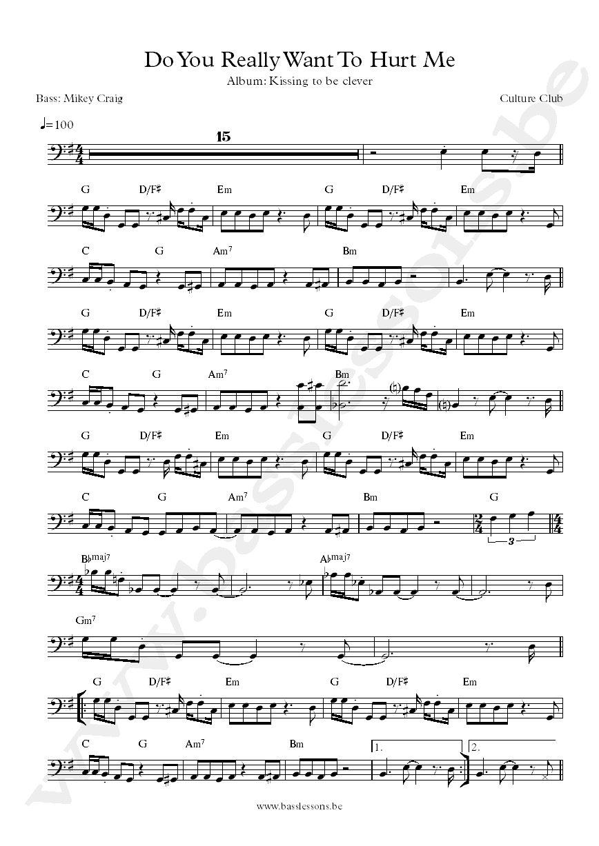 Culture Club Do you really want to hurt me bass transcription