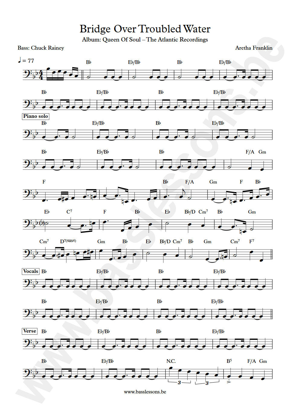 Aretha Franklin Bridge Over Troubled Water Chuck Rainey bass transcription