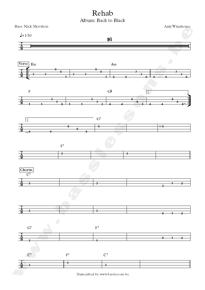 Amy Winehouse - Rehab - Bass tab