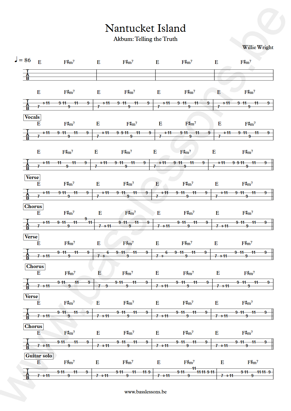 Willie Wright Nantucket Island bass tab