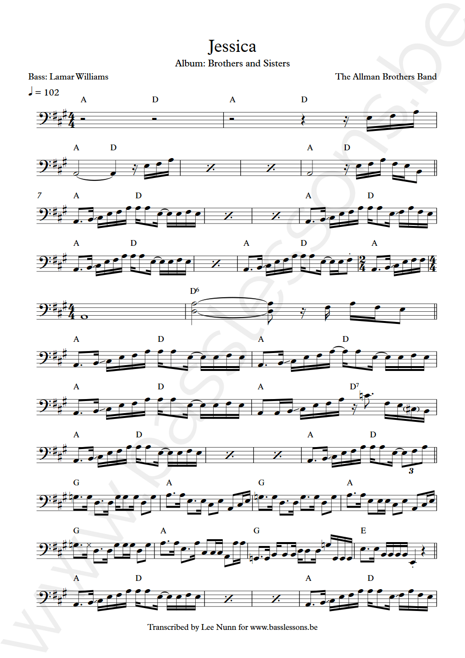 Allman Brothers Band Jessica bass transcription