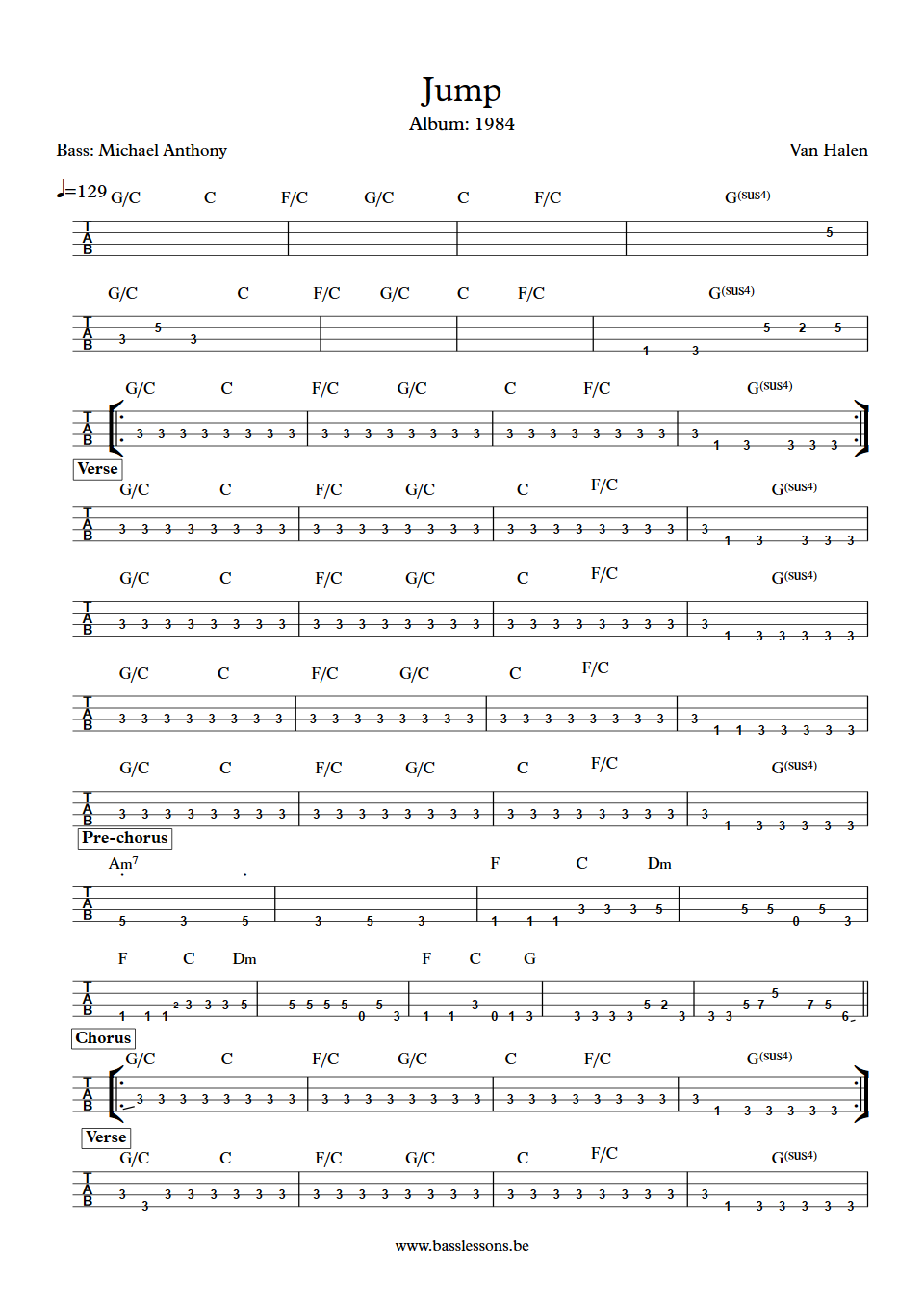 Van Halen Jump Michael Anthony bass tab