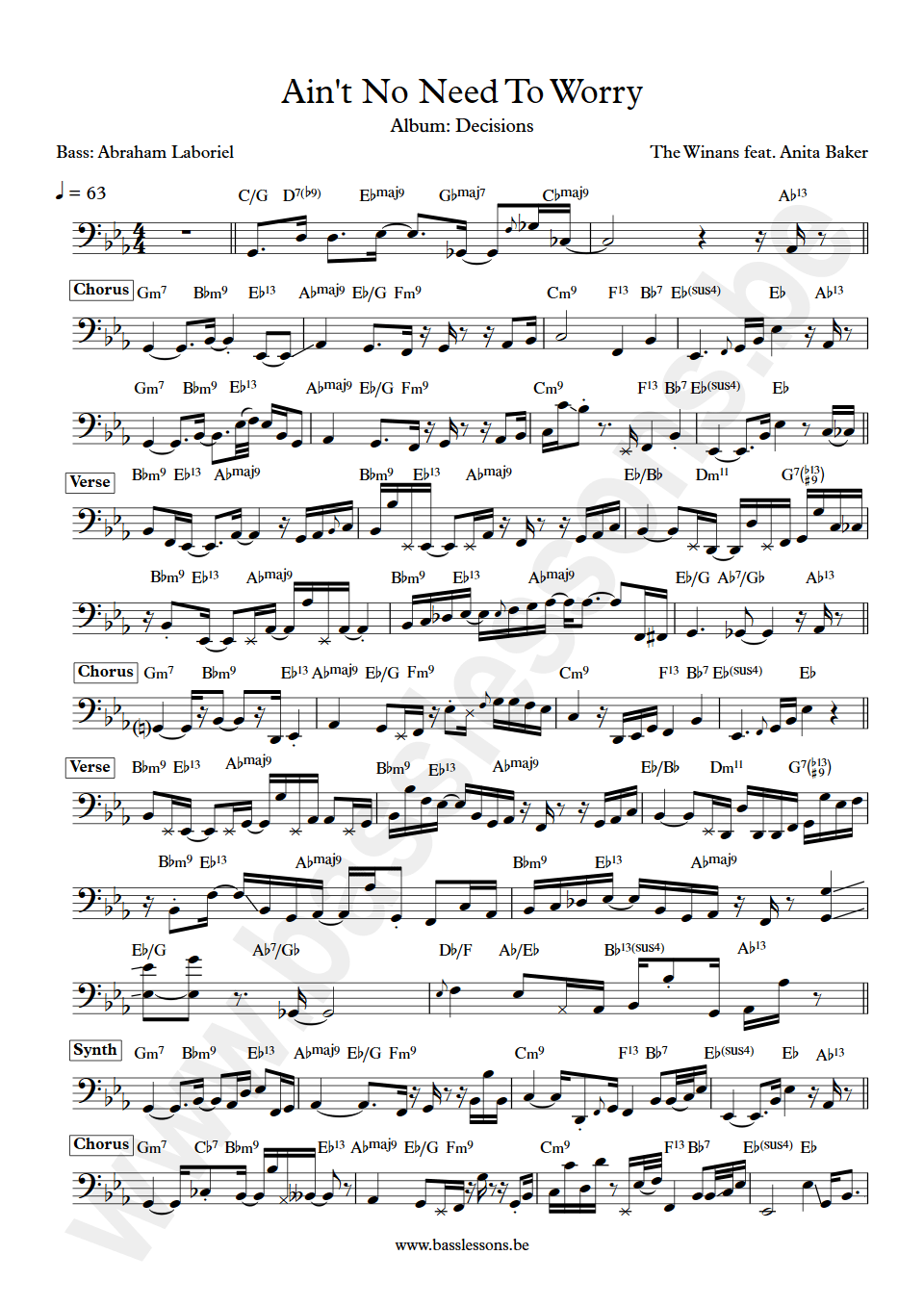 The Winans feat. Anita Baker  Ain't No Need To Worry Abraham Laboriel bass transcription