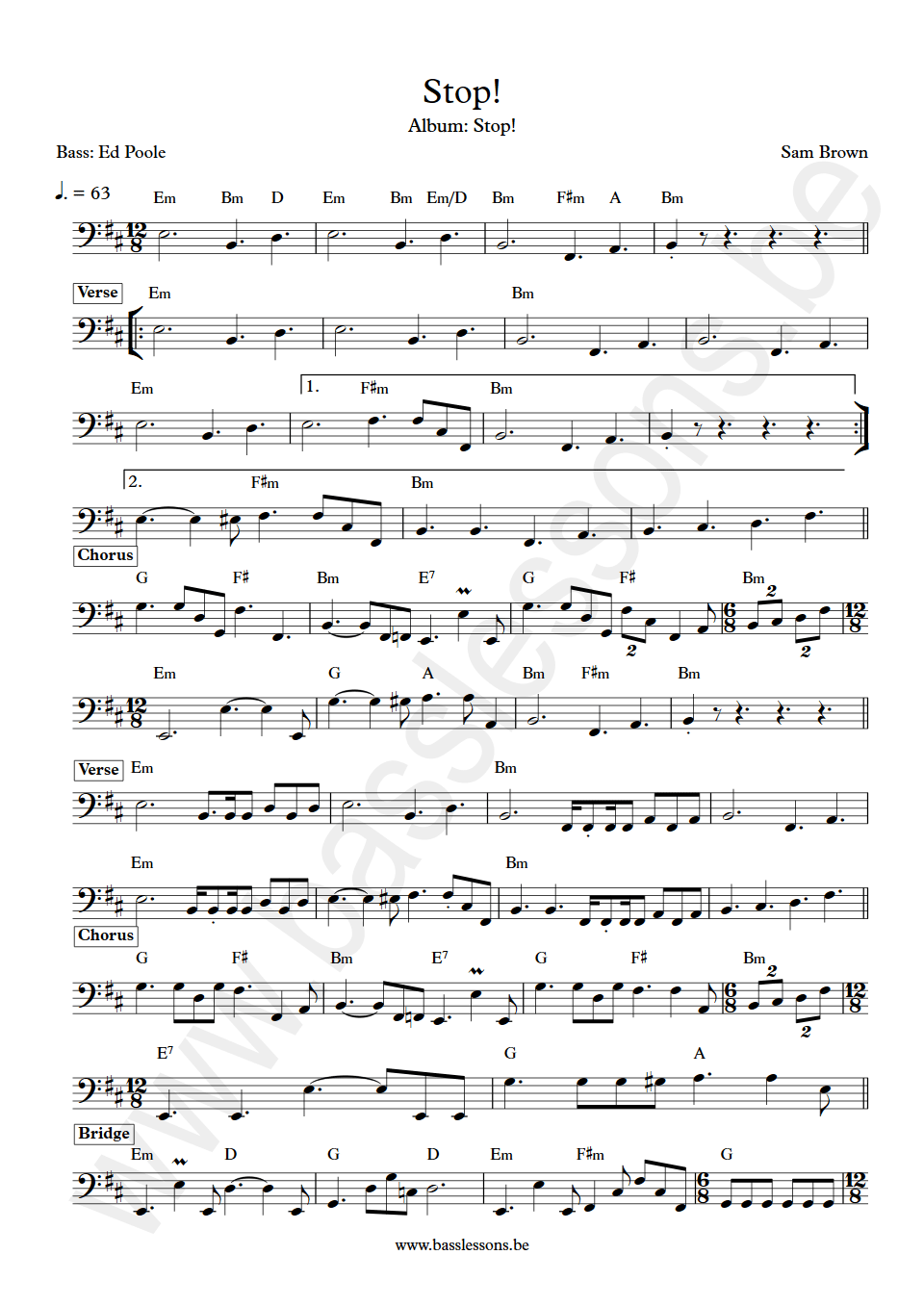 Sam Brown Stop! Ed Poole bass transcription