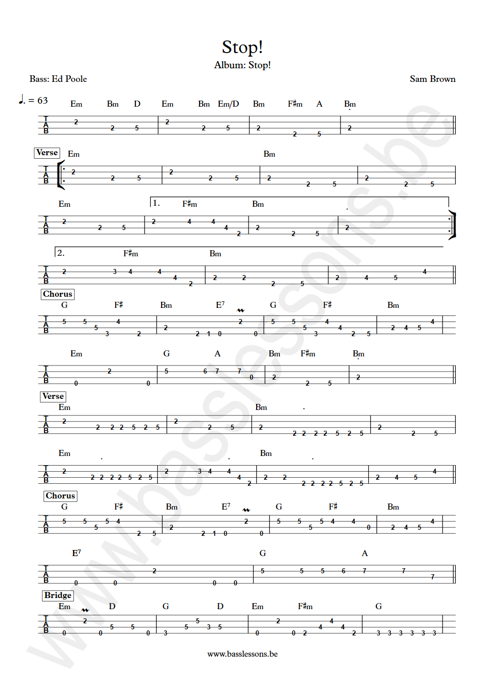 Sam Brown Stop! Ed Poole bass tab
