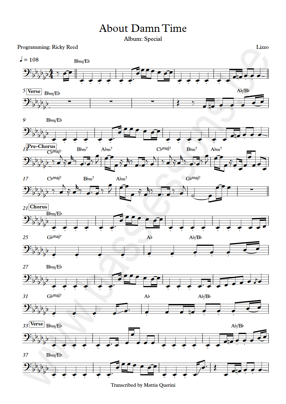Lizzo About Damn Time Ricky Reed bass transcription