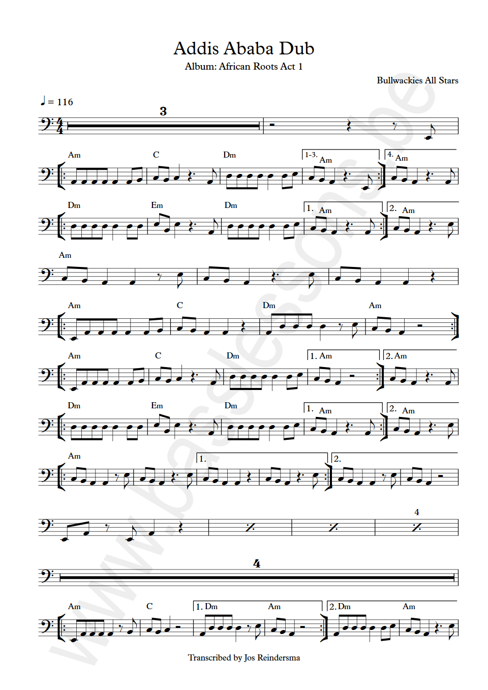 Bullwackies All Stars Addis Ababa Dub bass transcription