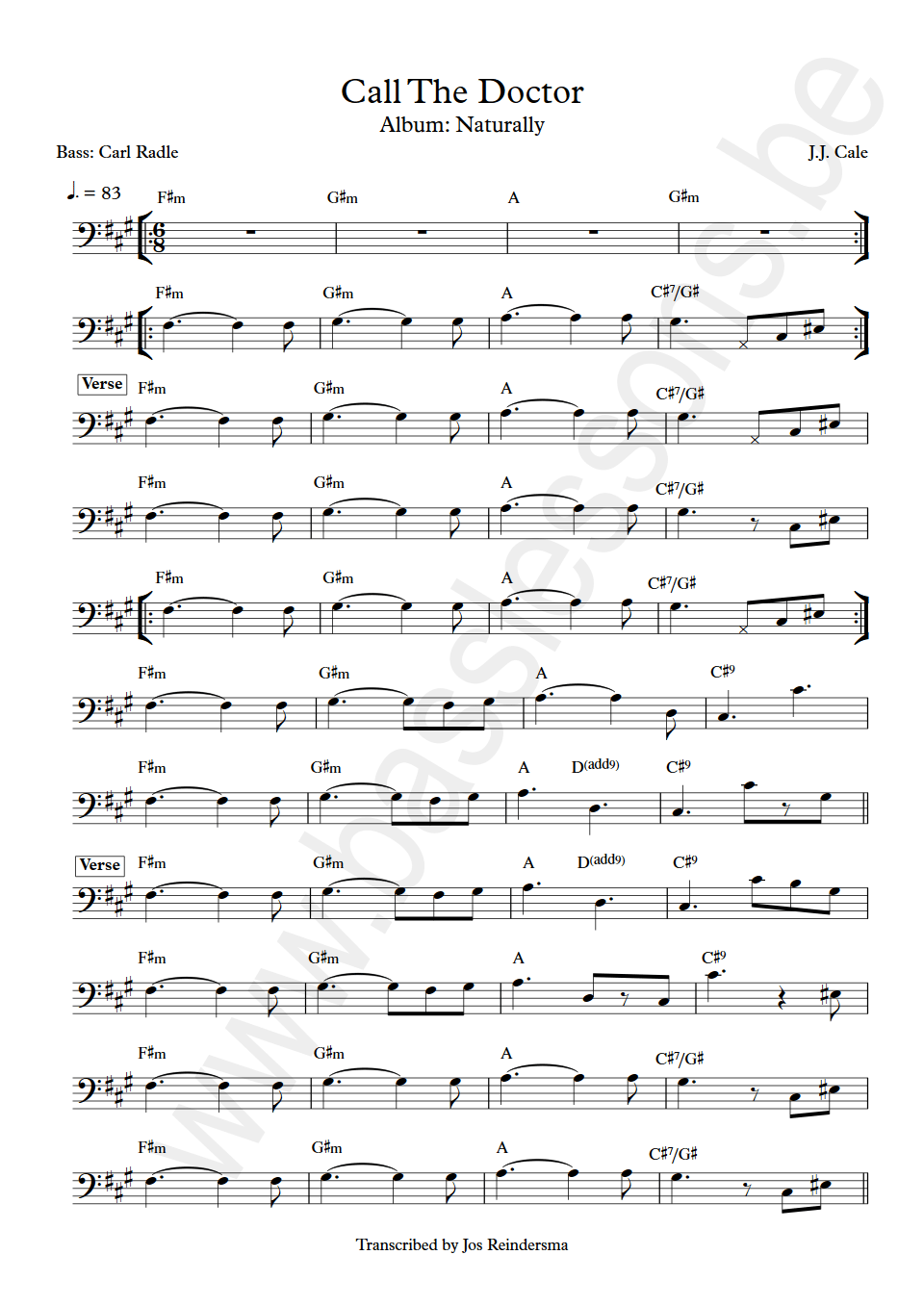 J.J. Cale Call The Doctor Carl Radle bass transcription
