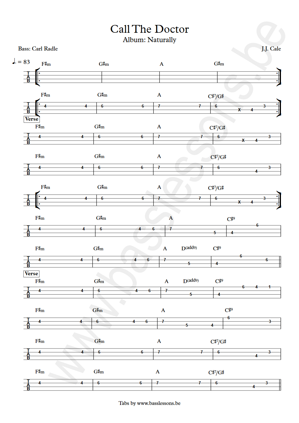 J.J. Cale Call The Doctor Carl Radle bass tab