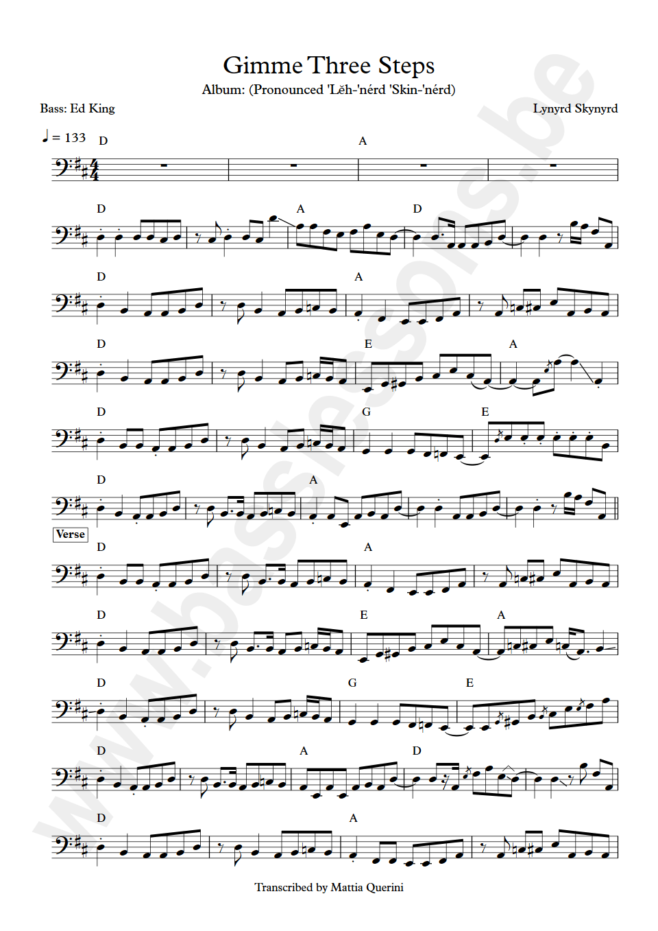 Lynyrd Skynyrd Gimme Three Steps Ed King bass transcription
