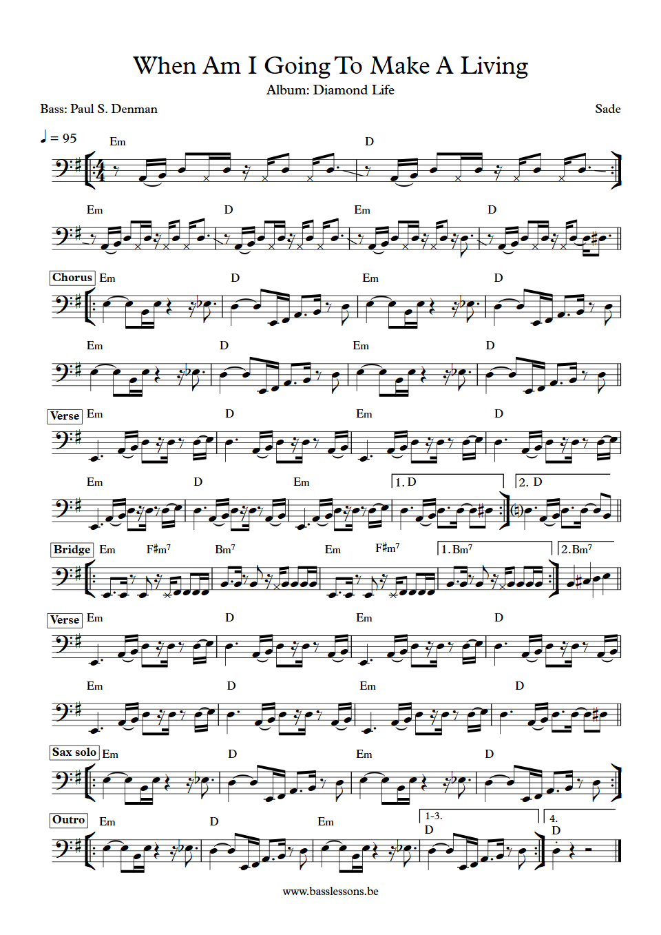 Sade When Am I Going To Make A Living Paul S. Denman bass transcription