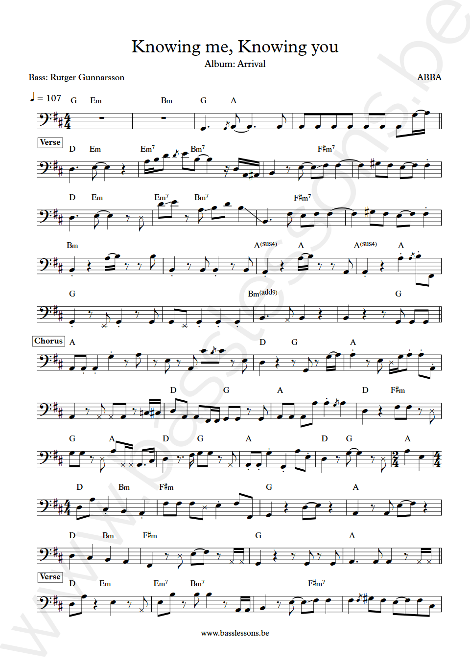 ABBA Knowing me, Knowing you Rutger Gunnarsson bass transcription