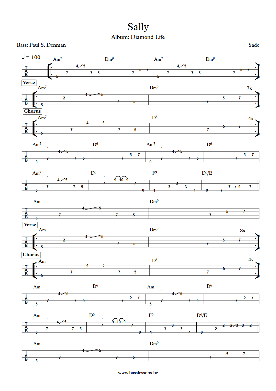 Sade Sally Paul S. Denman bass tab