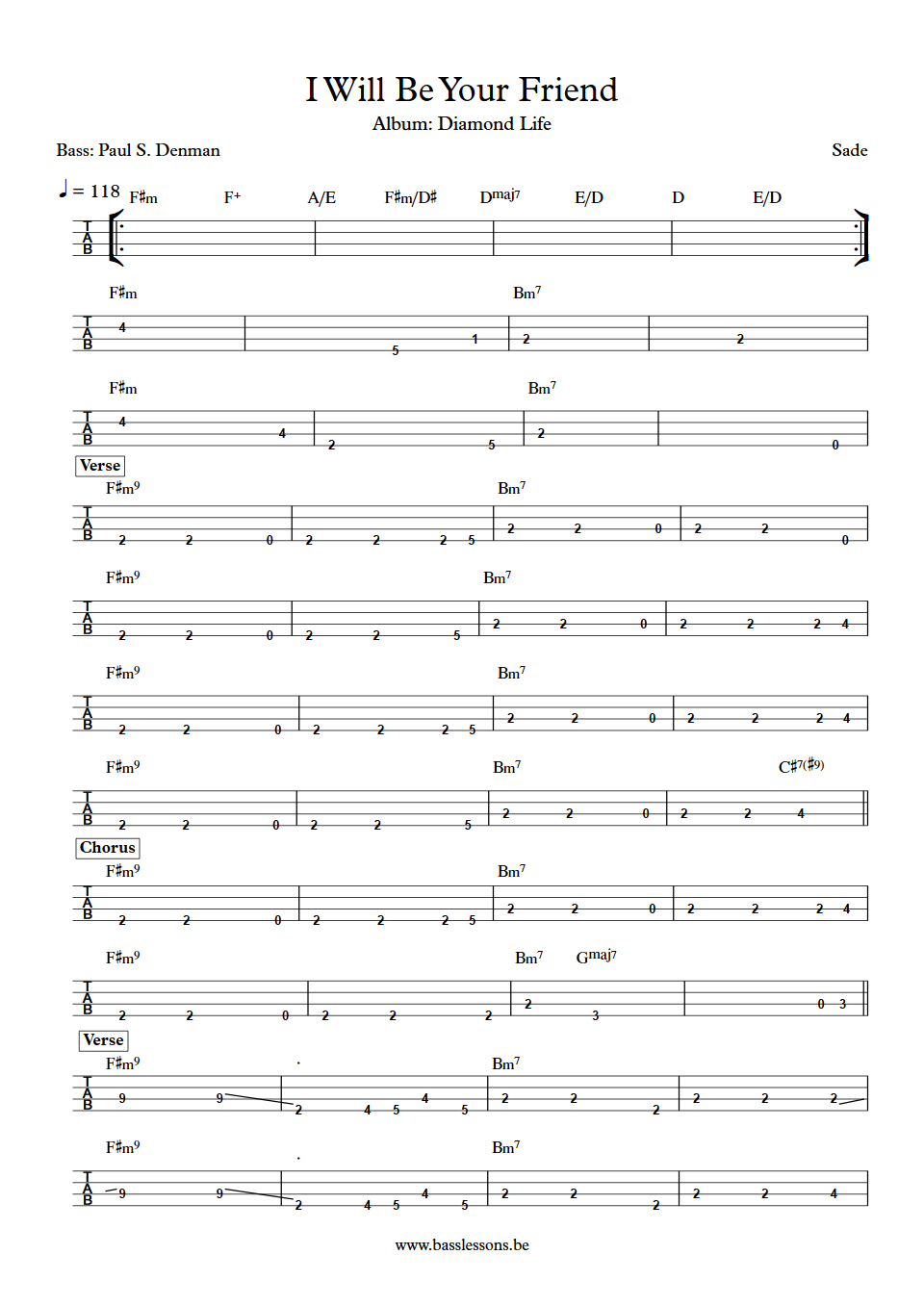 Sade I Will Be Your Friend Paul S. Denman Bass Tab