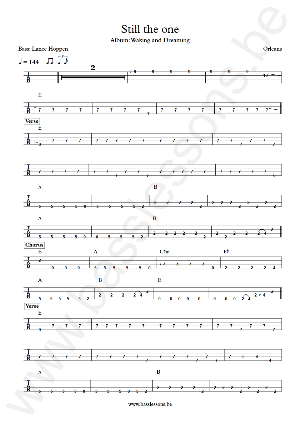 Orleans Still the one Lance Hoppen Bass Tab