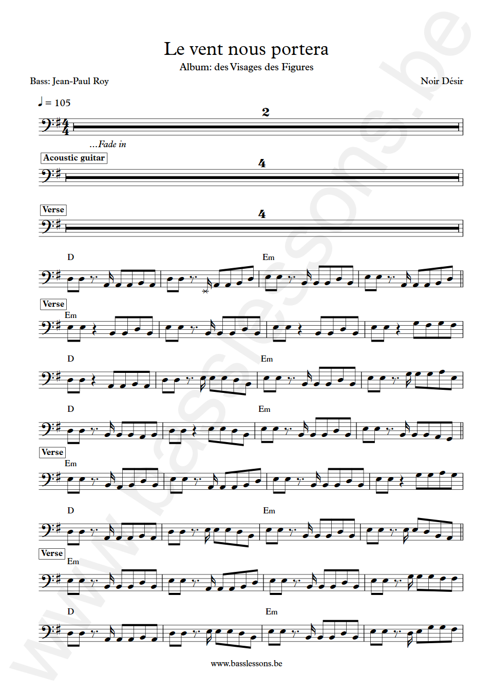 Noir Désir Le vent nous portera Jean-Paul Roy Bass Transcription