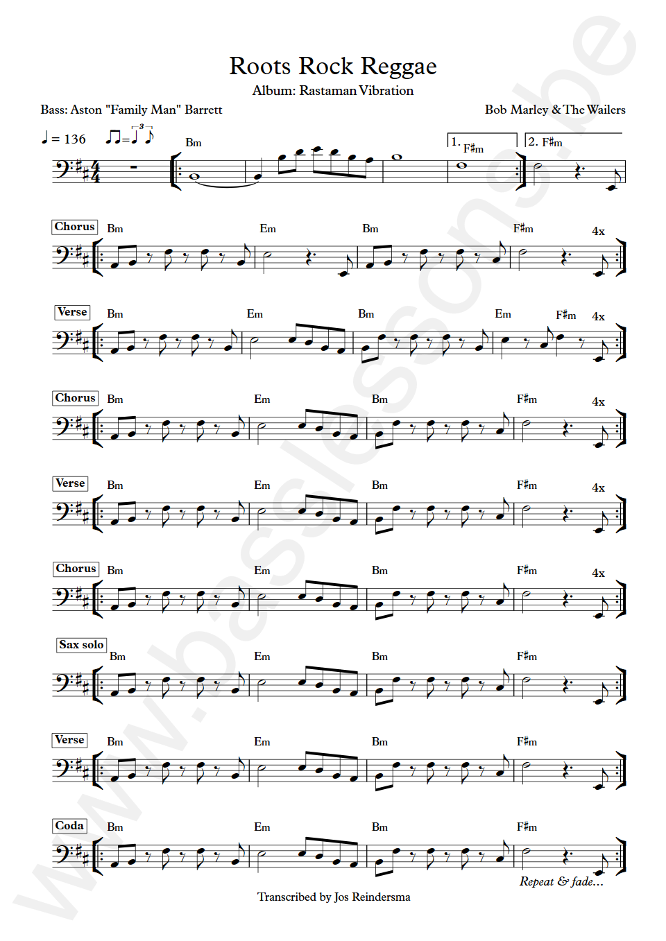 Bob Marley Roots Rock Reggae Aston Barrett Bass Transcription