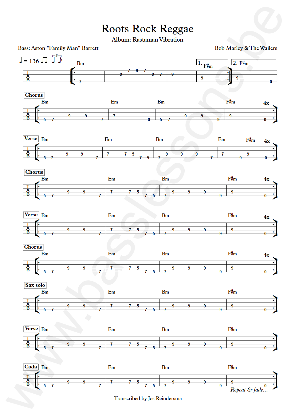 Bob Marley Roots Rock Reggae Aston Barrett Bass TAB