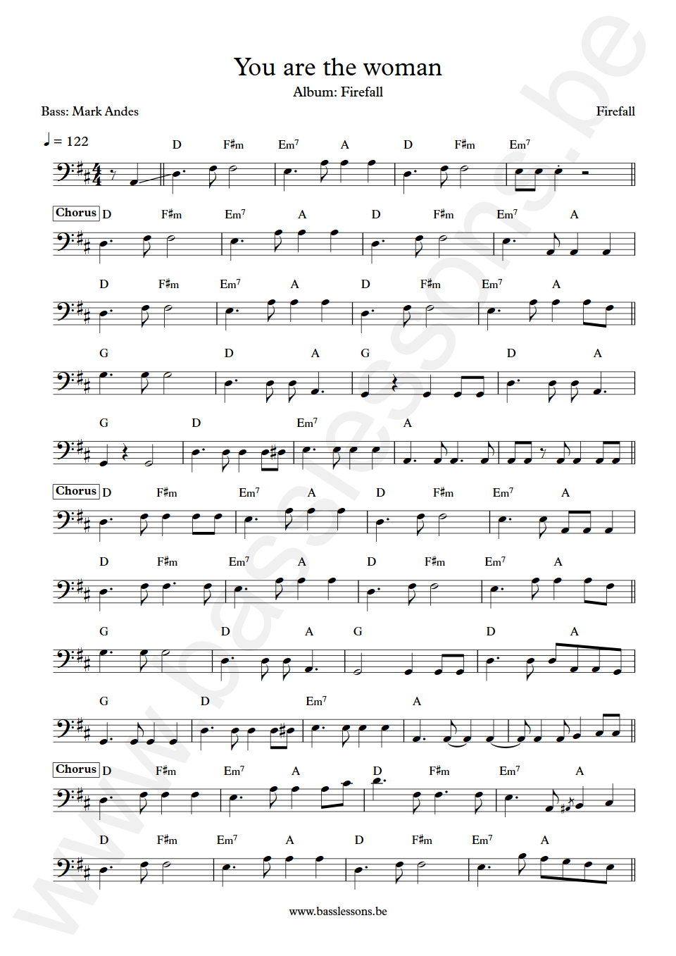 Firefall You are the woman Mark Andes Bass Transcription