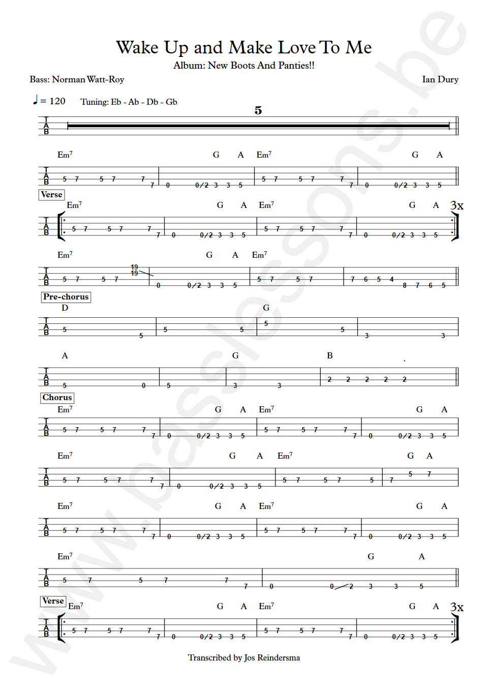Ian Dury Wake Up and Make Love To Me Norman Watt-Roy Bass 4-string tab