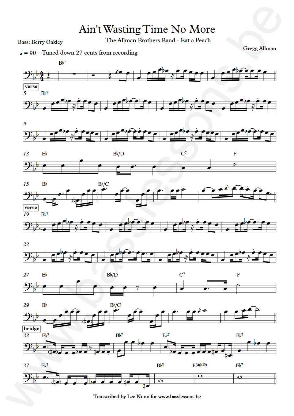 The Allman Brothers Band Aint Wasting Time No More Berry Oakley Bass Transcription