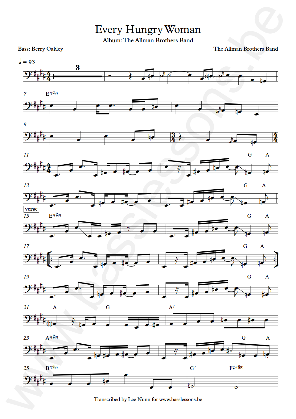 The Allman Brothers Band Every hungry woman Berry Oakley Bass Transcription