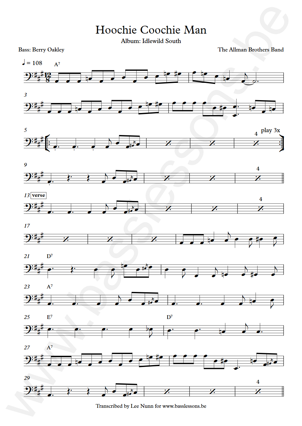 The Allman Brothers Band Hoochie Coochie Man Berry Oakley Bass Transcription