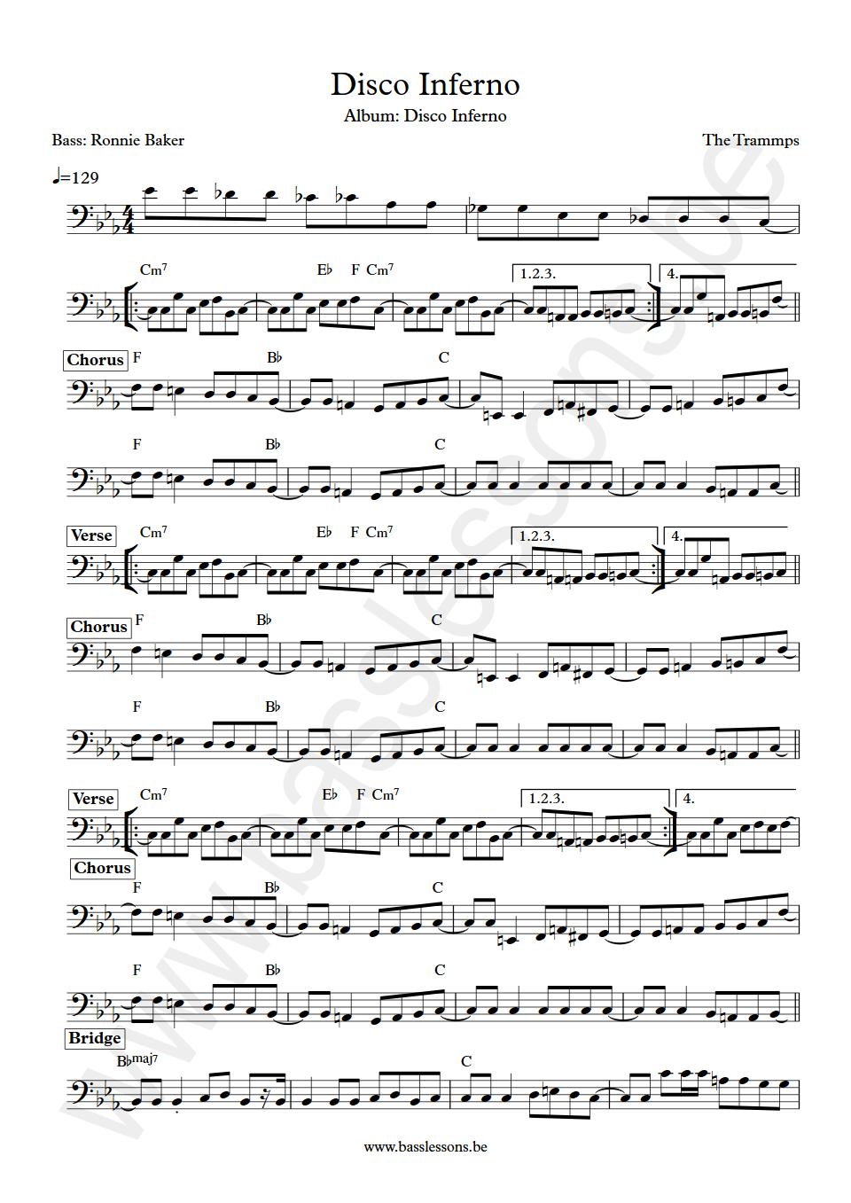 The Tramps Disco Inferno Ronnie Baker Bass Transcription