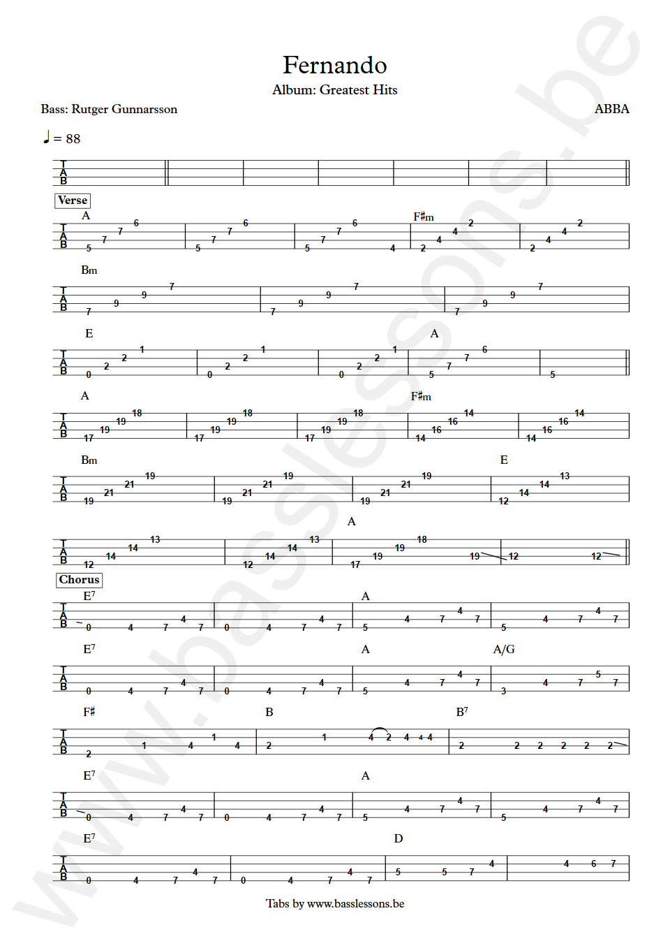 ABBA Fernando Rutger Gunnarsson Bass Tab