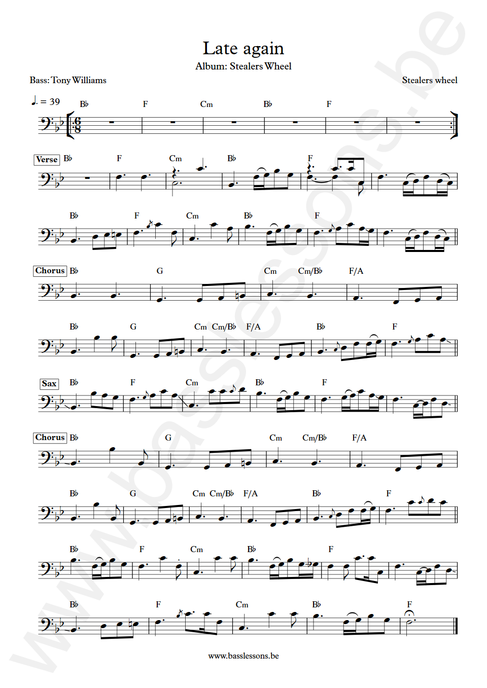 Stealers wheel Late Again Tony Williams Bass Transcription