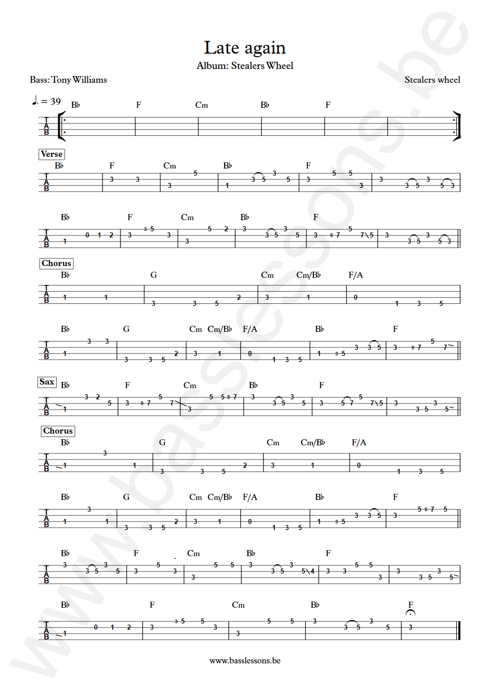 Stealers wheel Late Again Tony Williams Bass Tab