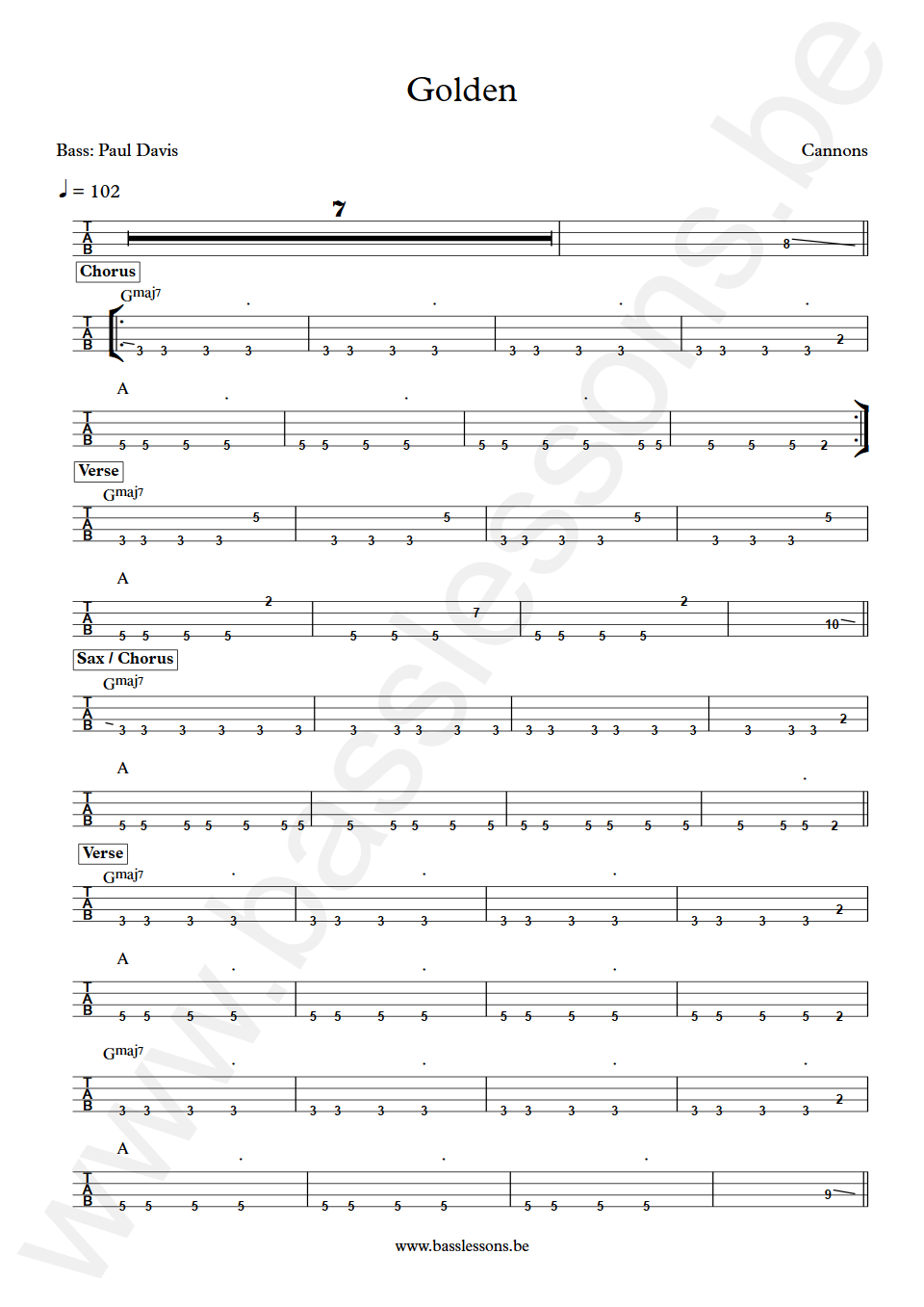 Cannons Golden Paul Davis Bass Tab