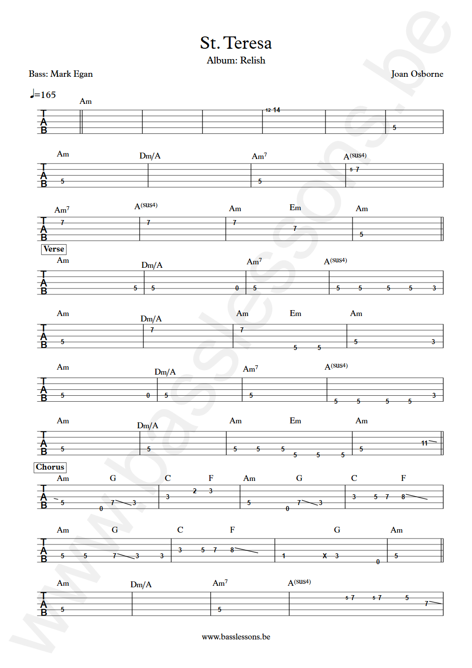 Joan Osborne St. Teresa Mark Egan Bass Tab