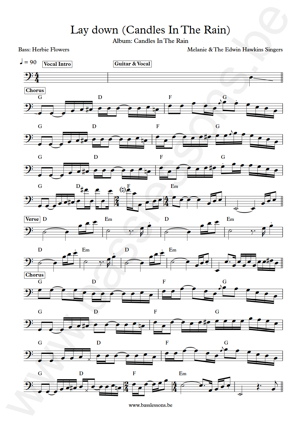 Melanie & The Edwin Hawkins Singers Lay down (Candles In The Rain) Herbie Flowers Bass Transcription