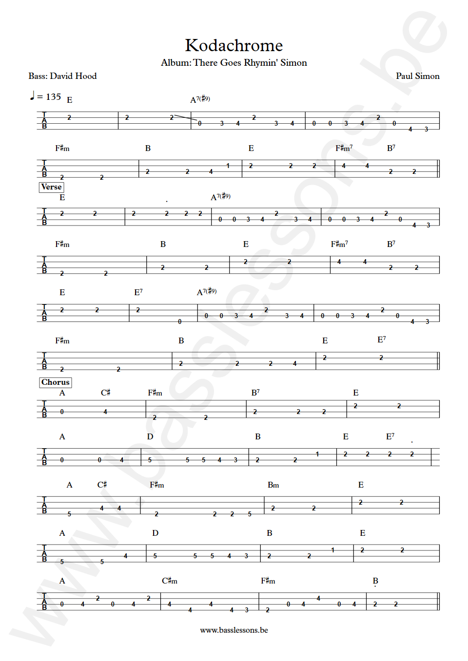 Paul Simon Kodachrome David Hood Bass Tab