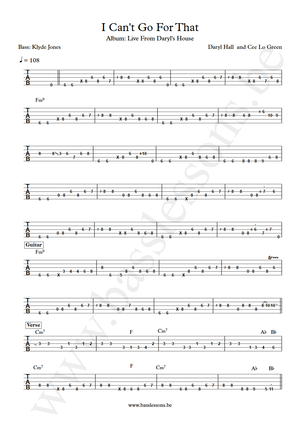 Daryl Hall  and Cee Lo Green I Can't Go For That Klyde Jones Bass Tab