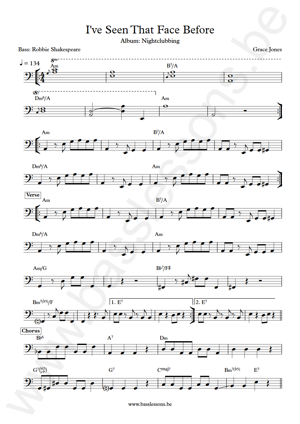 Grace Jones I've Seen That Face Before Robbie Shakespeare Bass Transcription