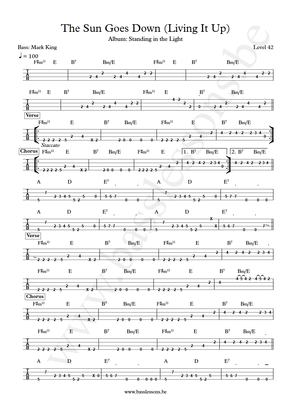 Level 42 The Sun Goes Down (Living It Up) Mark King Bass Tab