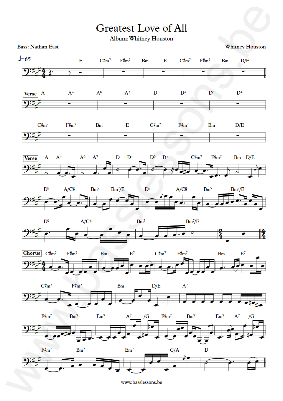 Whitney Houston Greatest Love of All Nathan East Bass Transcription