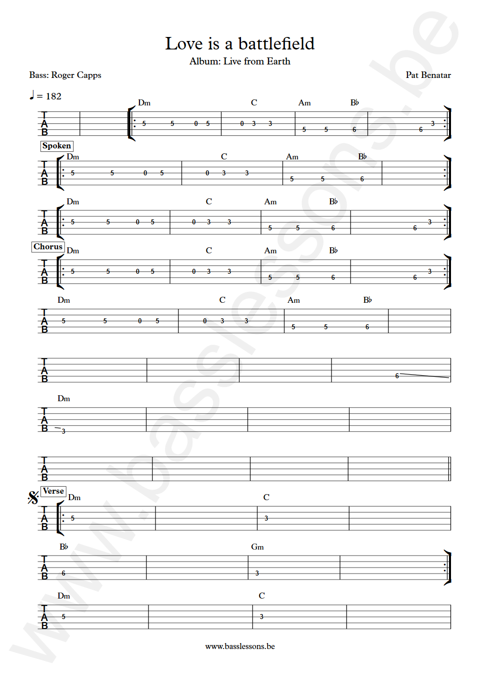 Pat Benatar Love is a battlefield Roger Capps Bass Tab