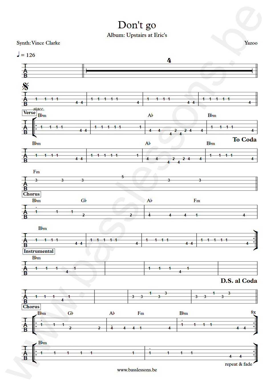 Yazoo Don't Go Vince Clarke Bass Tab